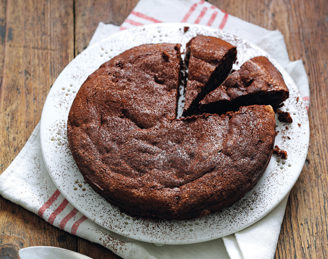 Squidgy chocolate, almond and prune torte