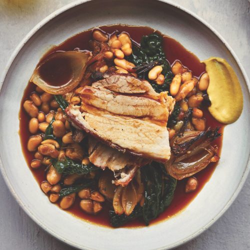 Confit pork belly with cannellini beans & rosemary recipe