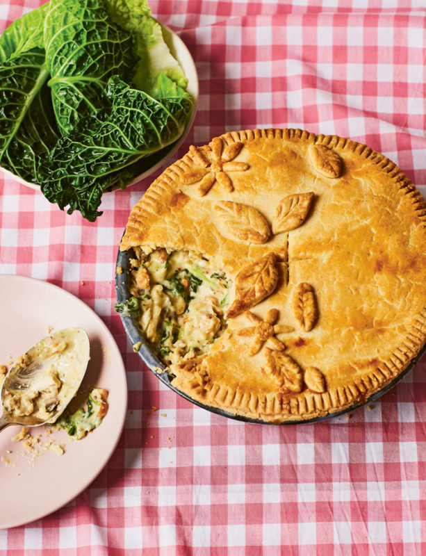 Chicken, mushroom and wild garlic pie